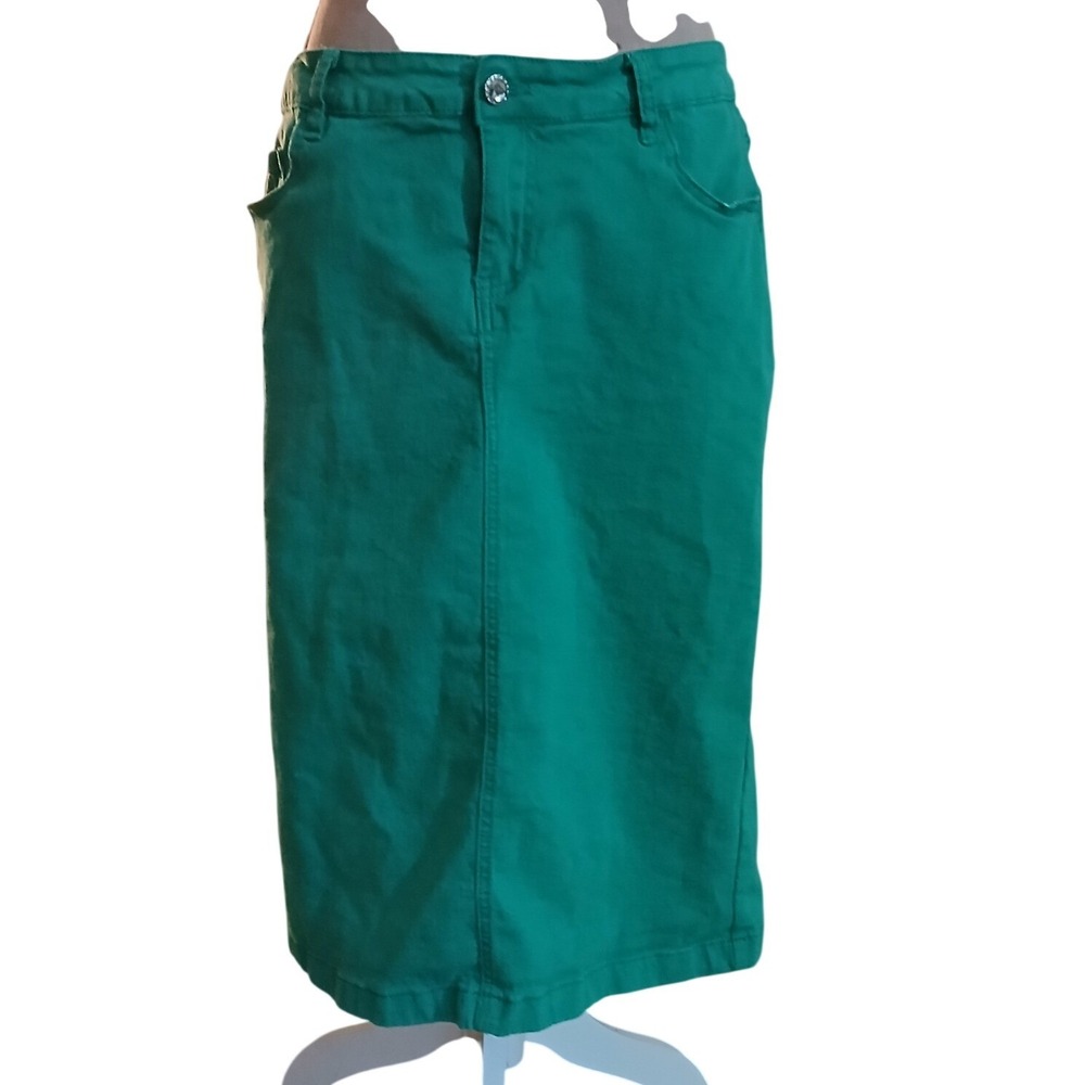 Be-Girl Basic XL Green Denim Midi Skirt Womens Cotton Blend Stretch 5-Pocket